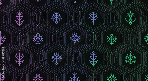 A futuristic pattern of neon-lit hexagons with intricate circuit designs and glowing symbols on a dark background from a top-down viewpoint