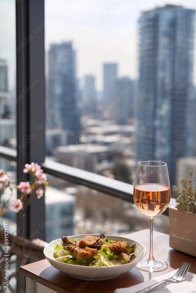 Fototapeta premium Light lunch on sunlit balcony table: salad and glass of rose, distant city skyline softened by spring haze. A moment of quiet refreshment with urban charm.