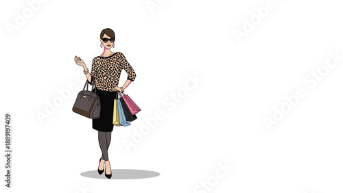 Stylish woman in a leopard print top and black skirt carries multiple colorful shopping bags from a luxury spree.