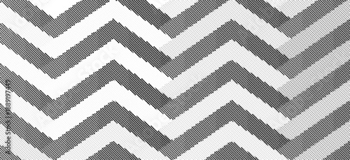 Abstract black halftone chevron pattern background with zigzag dotted lines creating dynamic geometric texture