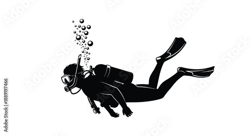 Silhouette of a scuba diver swimming underwater with bubbles rising