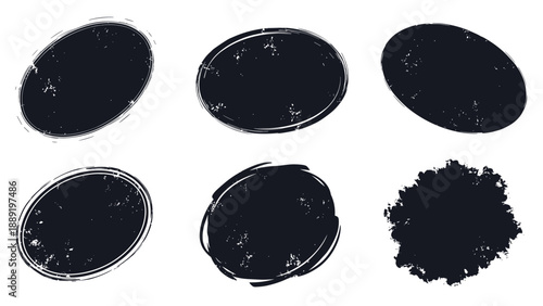 Set of six distressed black oval label stamps with rough textures and grunge borders for vintage and retro design themes.
