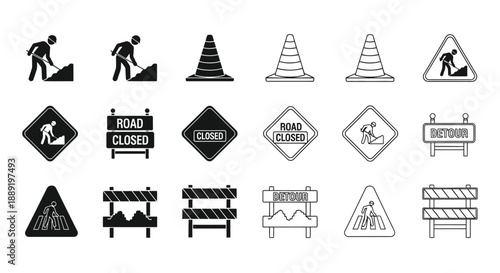 Collection of black and white road work and warning sign icons