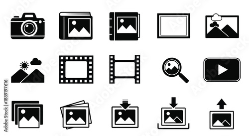 Collection of black and white media icons representing files and photography