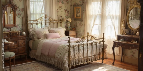 A vintage-inspired bedroom features an ornate wrought-iron bed with pastel bedding and lace details. Antique furniture and floral wallpaper glow in filtered natural light through sheer curtains.