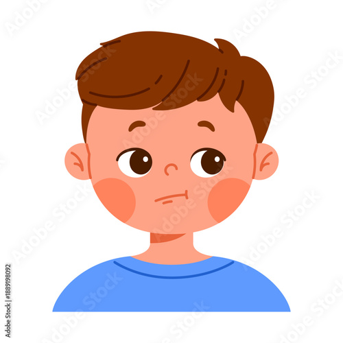 Сute boy character showing uncertainty, hesitation or thinking mood. Emotional facial expression concept. Сhild avatar with positive emotion. Isolated vector illustration in cartoon style

