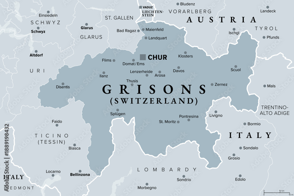 Obraz premium Canton Grisons, Switzerland, gray political map with capital Chur. Largest and easternmost canton, and major tourist destination with numerous Alpine resort towns, notably Davos and St. Moritz. Vector