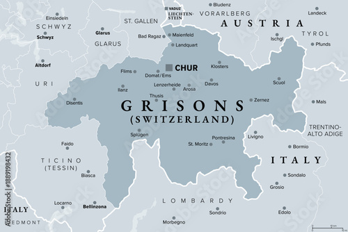Canton Grisons, Switzerland, gray political map with capital Chur. Largest and easternmost canton, and major tourist destination with numerous Alpine resort towns, notably Davos and St. Moritz. Vector