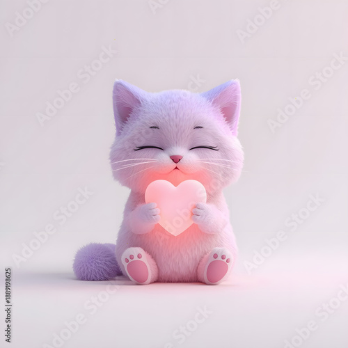 3d cat holding heart , cute kitten sitting holding heart pastel colours
