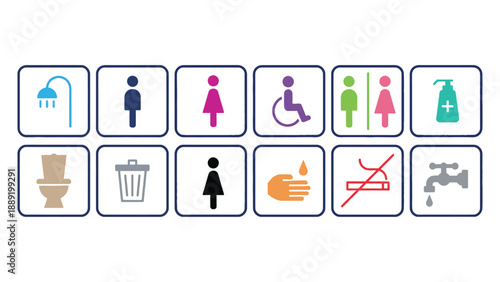A set of colorful toilet icons for bathroom signs and hygiene symbols