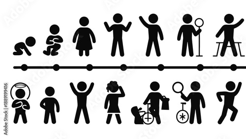 A graphic illustration of human life stages and activities in black silhouettes on a white background