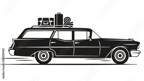 A black station wagon with luggage on the roof rack against a white background