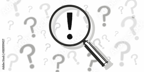 A magnifying glass focuses on an exclamation point amid numerous question marks