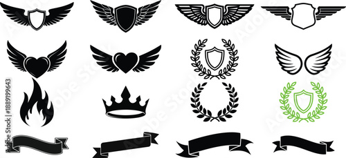 Winged Shield and Heraldic Emblem Icons Set for t-shirt design