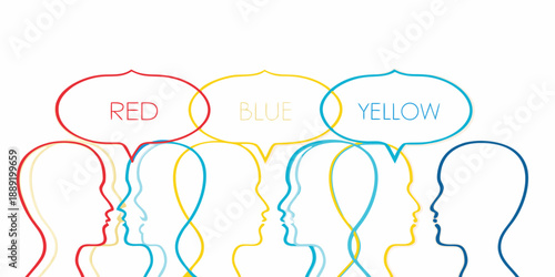 Colorful speech bubbles form profile silhouettes representing communication and perception