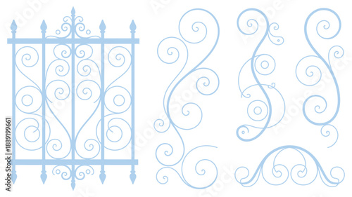 Wrought iron fence vector featuring ornate swirl decorations, vintage and elegant metal ornament elements, classic decorative design for fencing, borders
