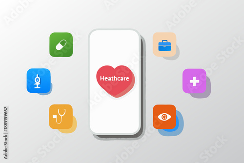Digital healthcare app interface with medical icons surrounding a smartphone