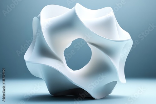 A modern white 3d sculpture featuring flowing curves, a central hollow opening, and a glossy surface. This abstract form conveys balance, motion, and futuristic design suitable for art, architecture