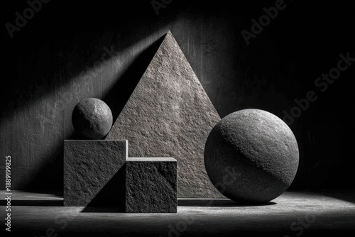 A moody, monochrome still life image featuring a pyramid, spheres, and cubes carved from rough stone. Strong directional lighting creates dramatic shadows, emphasizing geometry, texture, and balance