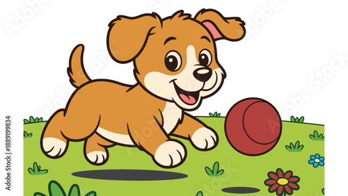 A playful cartoon puppy running towards a red ball in a green field with flowers