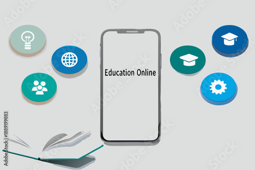 Smartphone displaying education online with learning icons and an open book