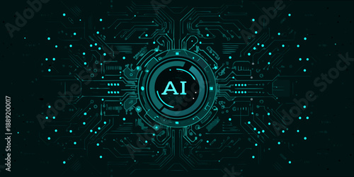 Artificial intelligence circuit board with a glowing central ai symbol