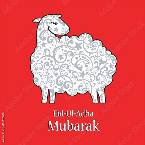 Greeting card template for Muslim Festival of Sacrifice Eid-Ul-Adha with sheep. Vector Illustration 