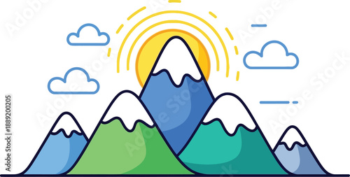 Majestic mountain range with snow-capped peaks and vibrant colors under a radiant sun and serene clouds