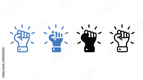 A set of four clenched fists with lines radiating from them in different colors