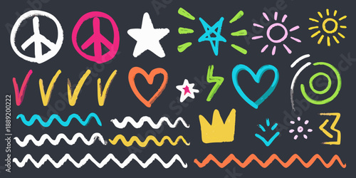 Colorful hand drawn doodles including peace signs stars hearts and lightning bolts
