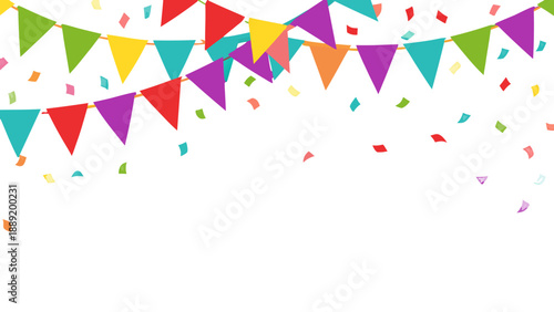 Colorful party flags and confetti against a dark black background
