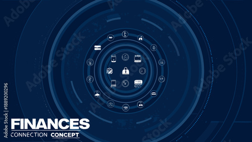 Abstract financial connection concept with icons representing security and digital transactions