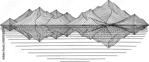 Geometric illustration of a mountain range with layered peaks and abstract line art on a plain white background focused