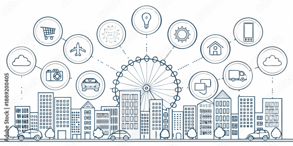 Obraz premium Connectivity concept with a ferris wheel and various digital icons