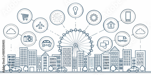 Connectivity concept with a ferris wheel and various digital icons