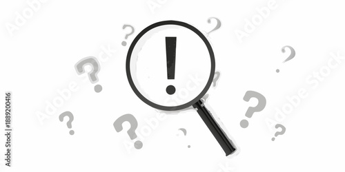 A magnifying glass highlights an exclamation point surrounded by question marks