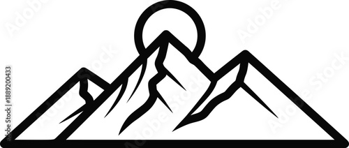 Simple black and white illustration of a mountain range with a rising sun or full moon behind