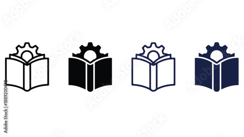 Four open book icons with gear symbols on a white background
