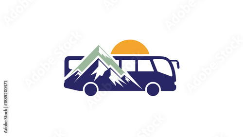 A stylized illustration of a bus traveling through mountains at sunset