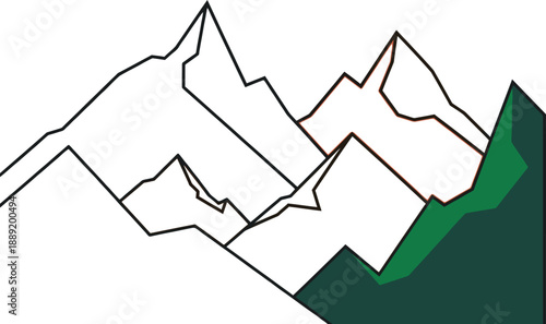 Stylized representation of a mountain range with multiple colorful peaks rising against a clean white background