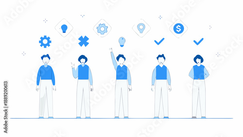 People brainstorming ideas represented by icons floating above their heads