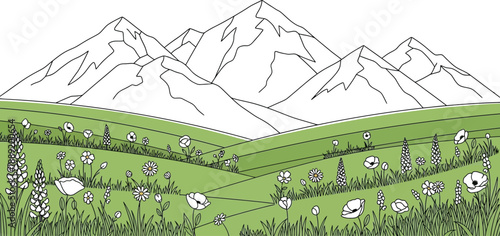 Serene black and white illustration of majestic mountains and lush green meadow with vibrant wildflowers in full bloom naturally