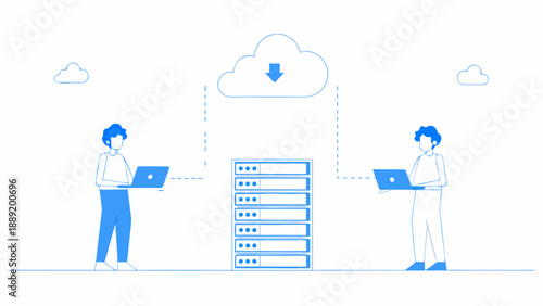 Data transfer illustration showing cloud connectivity between two individuals