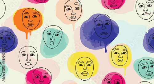 A vibrant collection of diverse facial expressions displayed in a colorful abstract pattern viewed from directly above