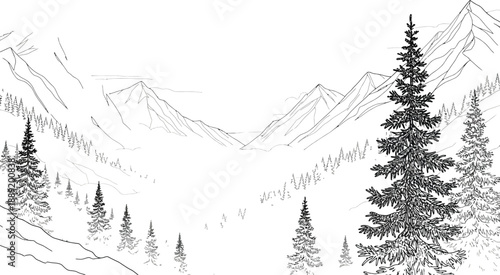 Black and white illustration of evergreen trees in front of majestic mountain ranges with cloudy sky
