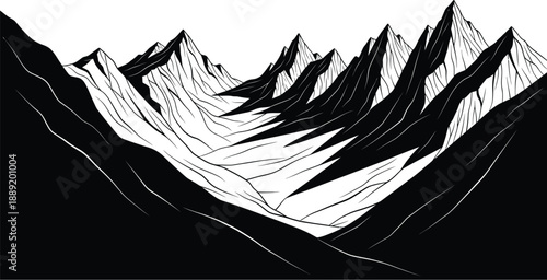 Majestic black and white illustration of a mountain range with sharp peaks and valleys in a striking landscape