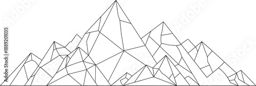 Geometric mountain range illustration featuring complex polygonal shapes and a minimalist black outline design on white background