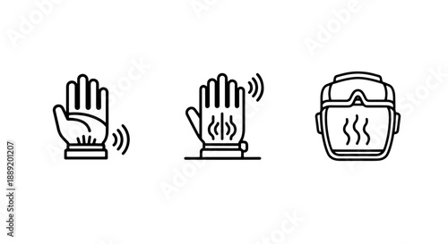 Haptic Feedback and Immersive Virtual Reality Icons: Hands with Signal Waves and VR Headset with Heat