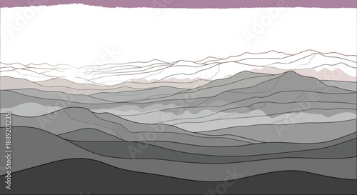 Serene digital illustration of layered mountains at sunrise with soft colorful sky and gentle pastel hues