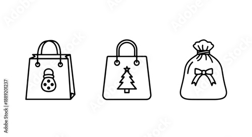 Line Art Icons of Holiday and Gift Shopping Bags, Perfect for Festive Retail, Christmas Presents, and Special Occasion Gifting Concepts